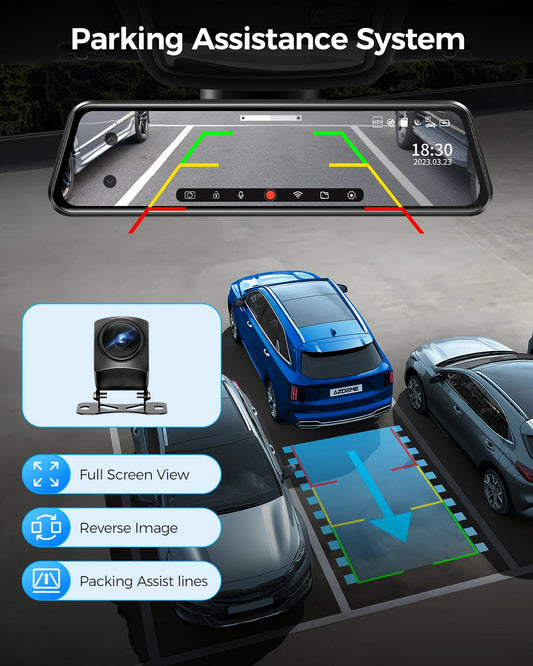 AZDOME PG17 12" 4K WiFi Mirror Dash Cam – Front & 1080P Rear Waterproof Backup Camera for Cars