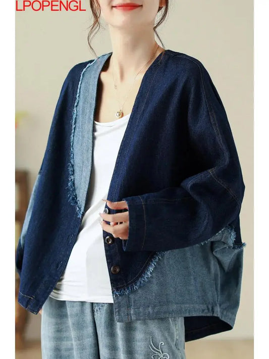Single Breasted Denim Jacket Women's New Autumn Personality Literary Vintage Contrast Patchwork Oversized Top Streetwear Coat