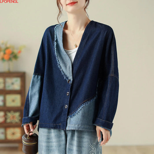 Single Breasted Denim Jacket Women's New Autumn Personality Literary Vintage Contrast Patchwork Oversized Top Streetwear Coat