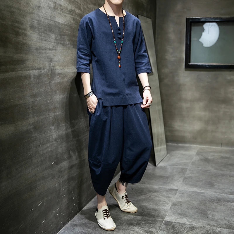 Men's Japanese Kimono Two-Piece Set – Harajuku Yukata Cardigan Suit