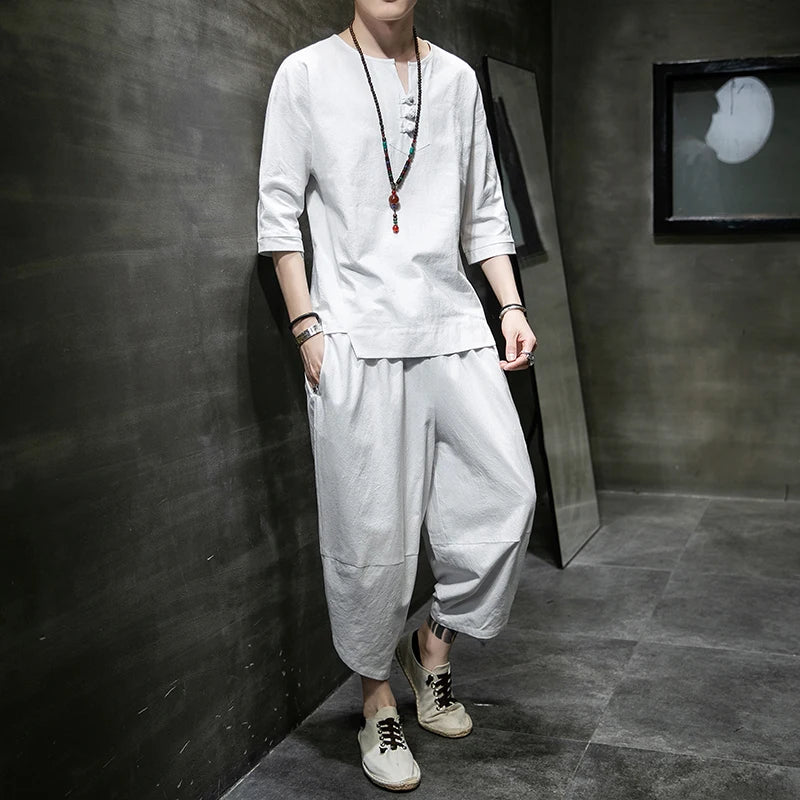 Men's Japanese Kimono Two-Piece Set – Harajuku Yukata Cardigan Suit