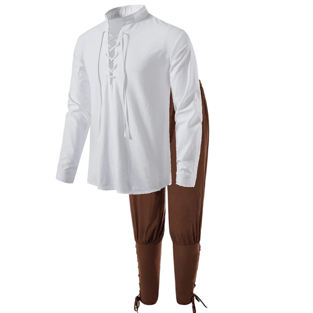 2Pcs Men's Medieval Knight Costume Set Renaissance Cosplay Pirate Shirts Ankle Banded Pants For Halloween Cotton Linen Fabric
