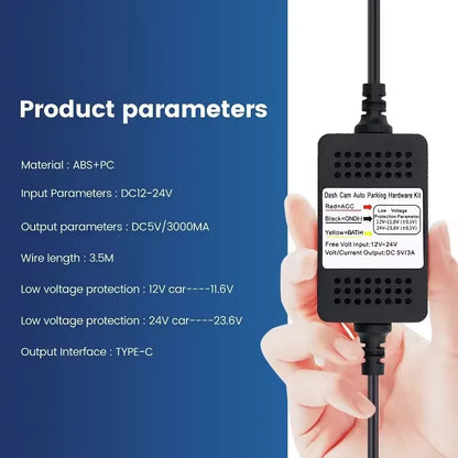 for AZDOME M550 Pro 3 Wire ACC Detection Hardwire Kit 12V/24V to 5V 3A Type-C USB Car Charger Dash Cam 24 Hour Parking Monitor
