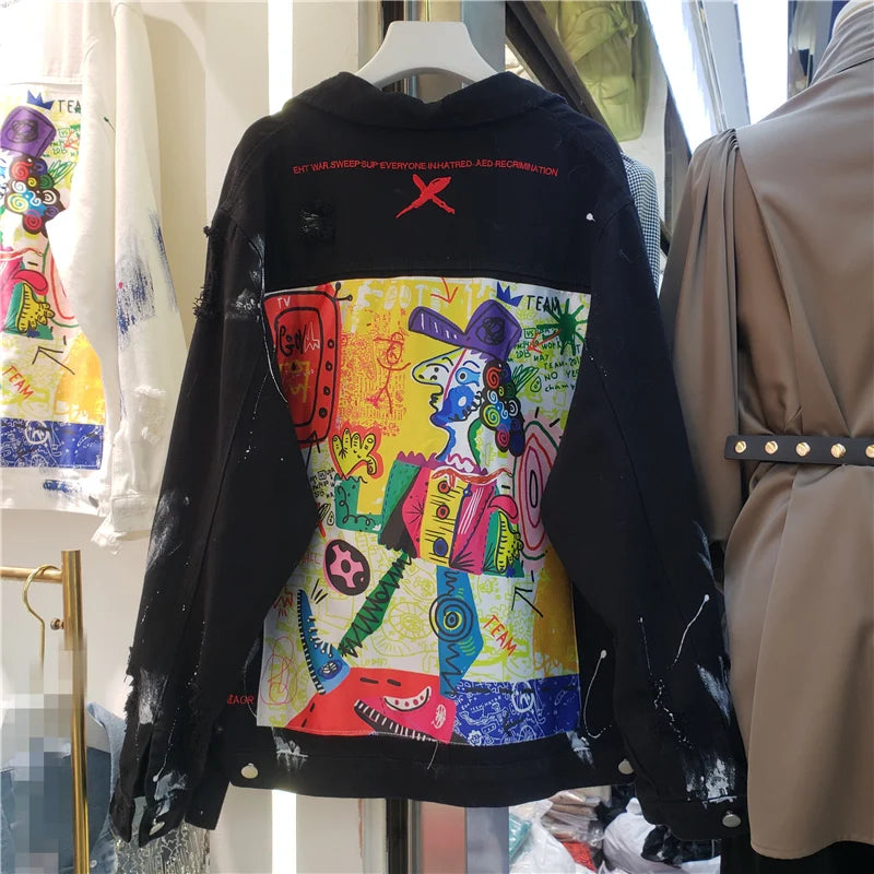 Women Fashion Hand Painted Graffiti Print Denim Jacket Coat Ladies Streetwear Trend Casual Hole Jean Jackets Outerwear