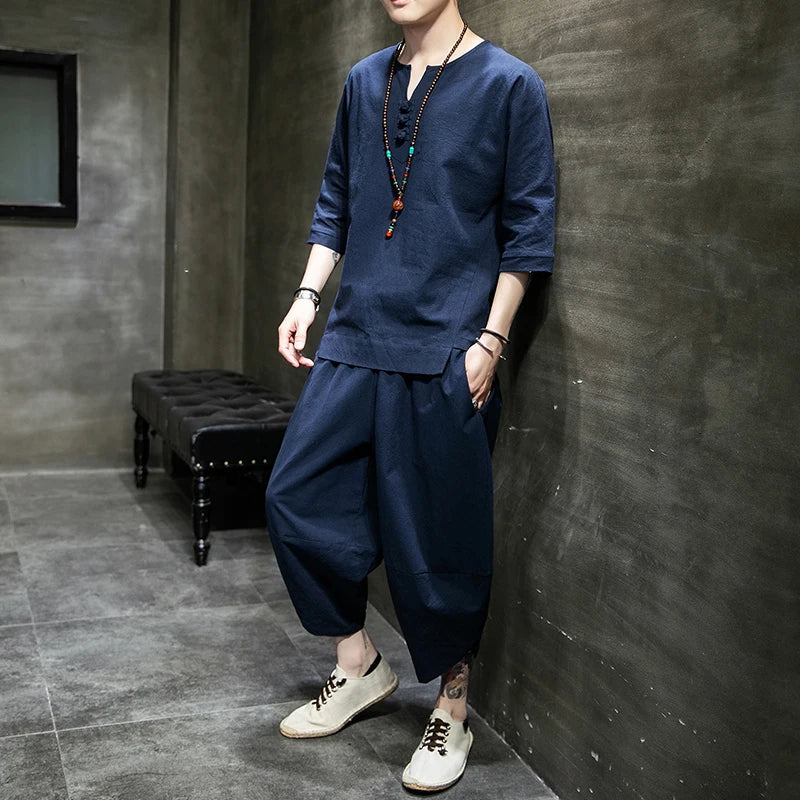 Men's Japanese Kimono Two-Piece Set – Harajuku Yukata Cardigan Suit
