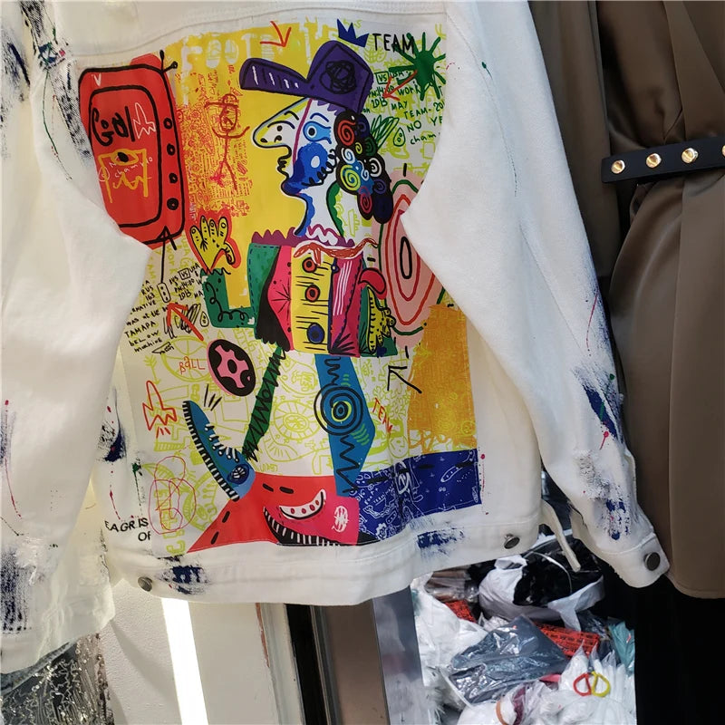 Women Fashion Hand Painted Graffiti Print Denim Jacket Coat Ladies Streetwear Trend Casual Hole Jean Jackets Outerwear