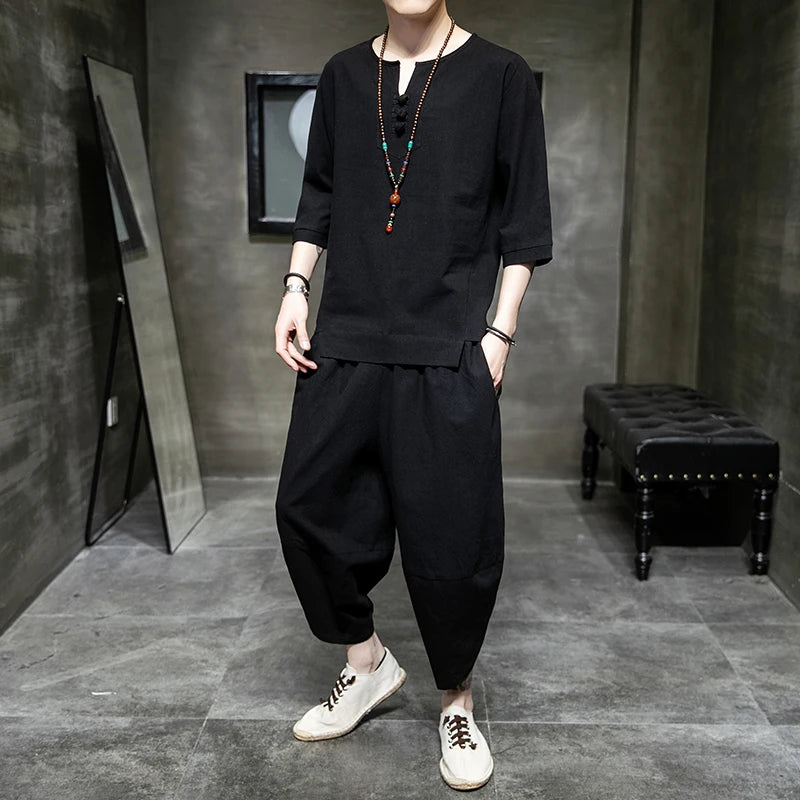 Men's Japanese Kimono Two-Piece Set – Harajuku Yukata Cardigan Suit