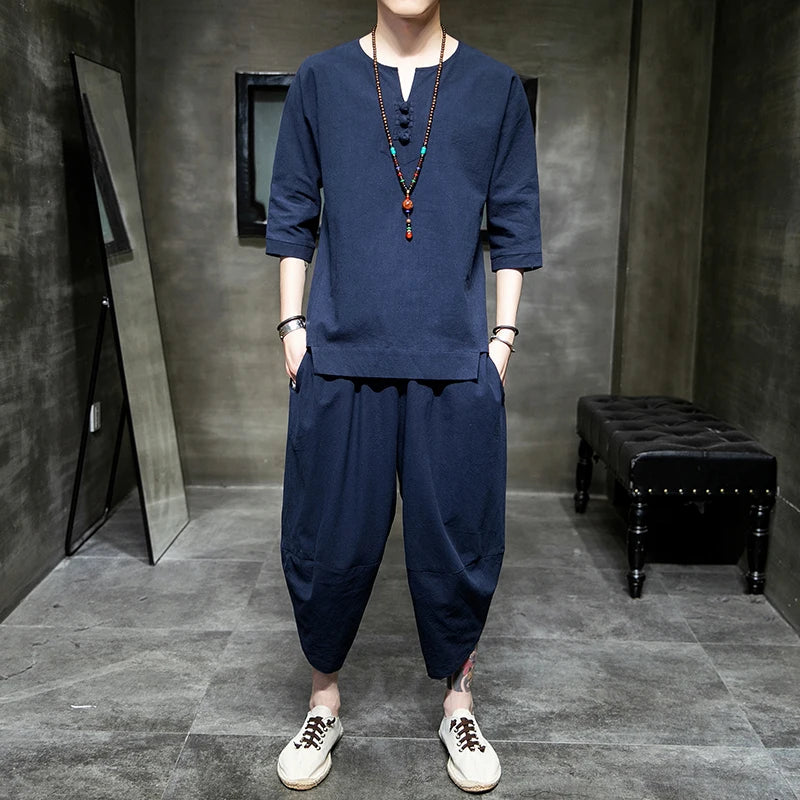 Men's Japanese Kimono Two-Piece Set – Harajuku Yukata Cardigan Suit