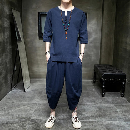 Men's Japanese Kimono Two-Piece Set – Harajuku Yukata Cardigan Suit