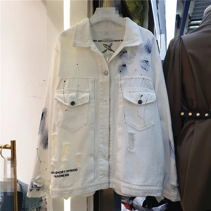Women Fashion Hand Painted Graffiti Print Denim Jacket Coat Ladies Streetwear Trend Casual Hole Jean Jackets Outerwear