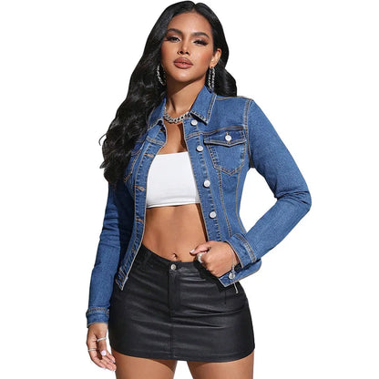 Women Coat Single Breasted Denim Jackets Slim Fit Buttons Turn Down Collar Cardigan Streetwear Long Sleeve Solid Distresed