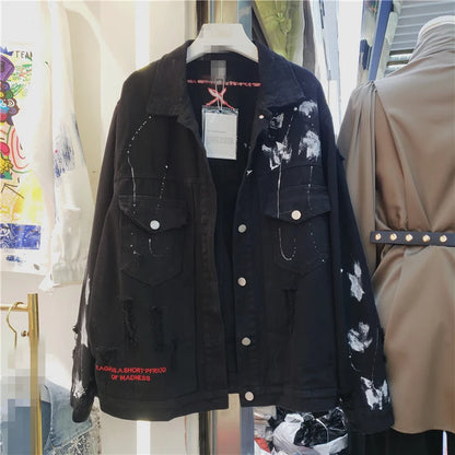 Women Fashion Hand Painted Graffiti Print Denim Jacket Coat Ladies Streetwear Trend Casual Hole Jean Jackets Outerwear