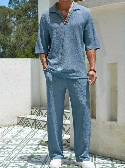 2025 Spring new men's suit-collar commuter casual shirt Fashion retro high-quality solid color half-sleeve pants two-piece set