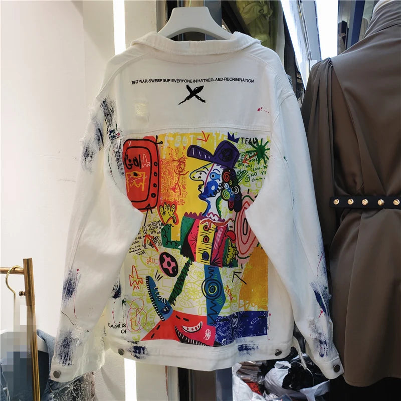 Women Fashion Hand Painted Graffiti Print Denim Jacket Coat Ladies Streetwear Trend Casual Hole Jean Jackets Outerwear