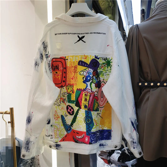 Women Fashion Hand Painted Graffiti Print Denim Jacket Coat Ladies Streetwear Trend Casual Hole Jean Jackets Outerwear