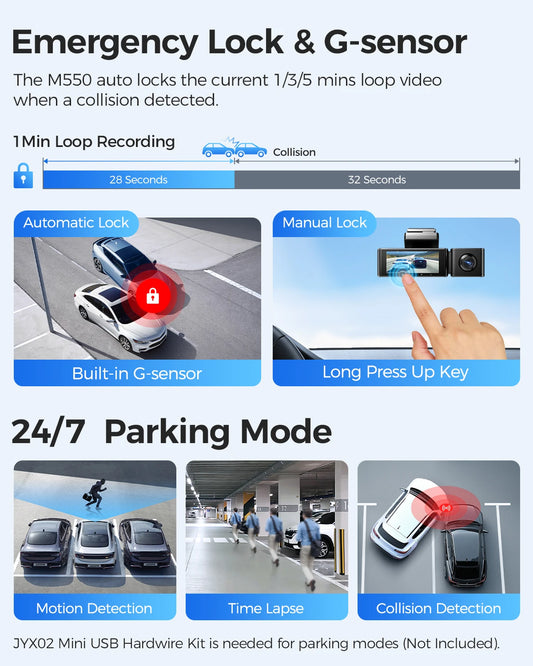 AZDOME M550 3 Channel Dash Cam 4K+2.5K WDR Car Dash Camera 3.19" IPS Screen Car DVR Built-in WiFi GPS IR Night Vision Free 64GB
