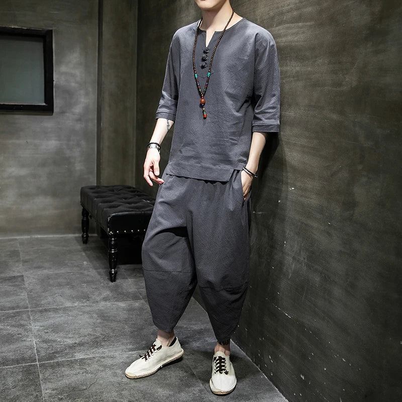 Men's Japanese Kimono Two-Piece Set – Harajuku Yukata Cardigan Suit