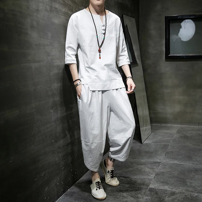 Men's Japanese Kimono Two-Piece Set – Harajuku Yukata Cardigan Suit