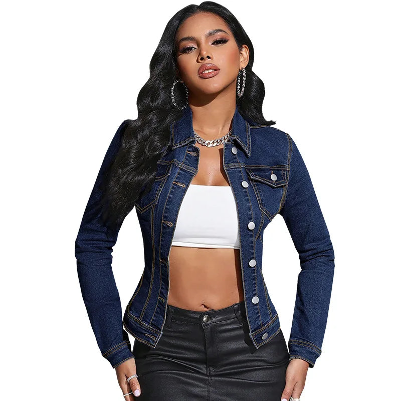Women Coat Single Breasted Denim Jackets Slim Fit Buttons Turn Down Collar Cardigan Streetwear Long Sleeve Solid Distresed