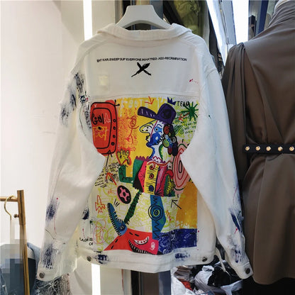 Women Fashion Hand Painted Graffiti Print Denim Jacket Coat Ladies Streetwear Trend Casual Hole Jean Jackets Outerwear