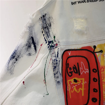 Women Fashion Hand Painted Graffiti Print Denim Jacket Coat Ladies Streetwear Trend Casual Hole Jean Jackets Outerwear