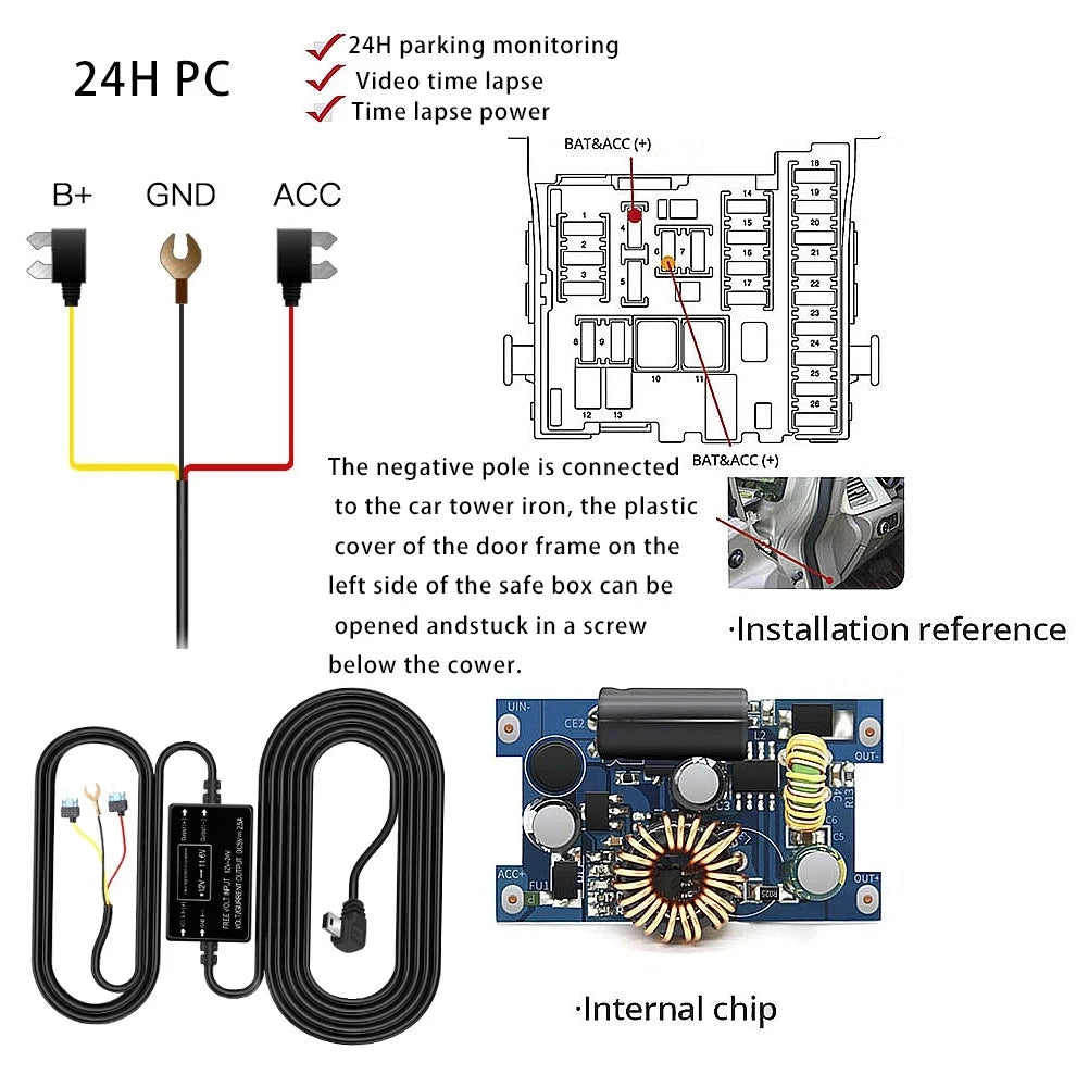 for AZDOME M550 Pro 3 Wire ACC Detection Hardwire Kit 12V/24V to 5V 3A Type-C USB Car Charger Dash Cam 24 Hour Parking Monitor